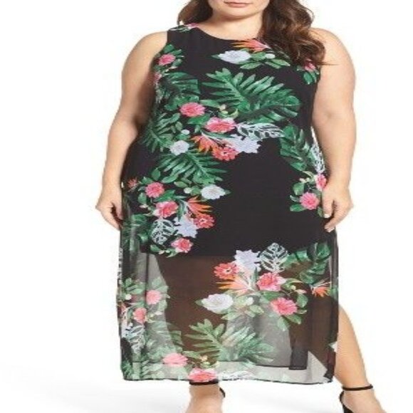 Vince Camuto $144 Havana Brights Floral & Rich Black Overlay Maxi Dress 1X NWT!